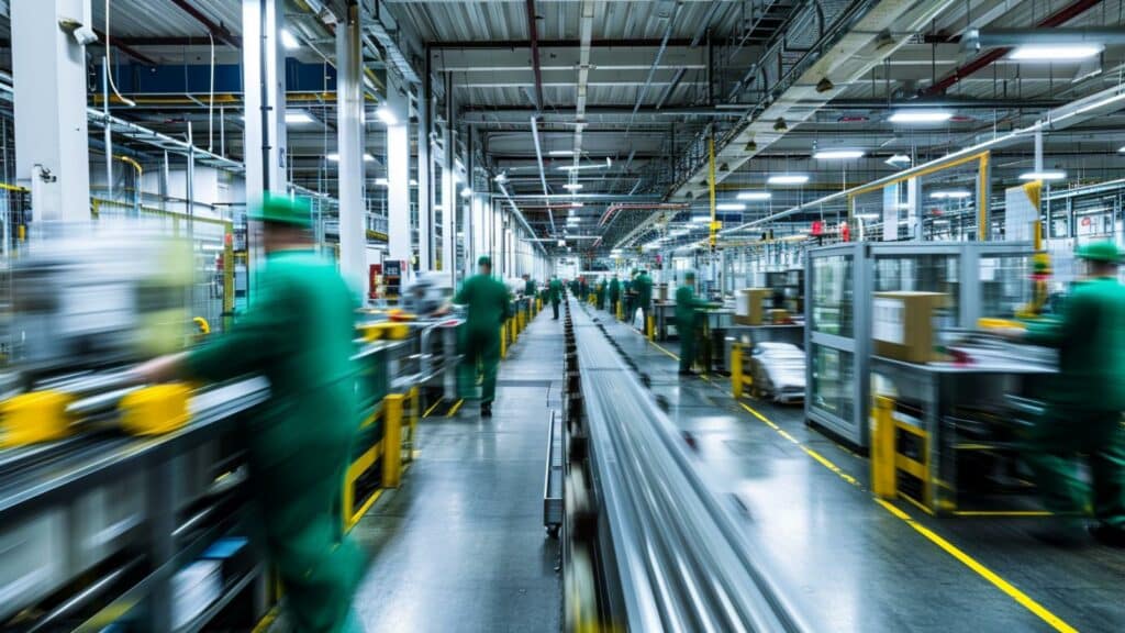 A blurry image of people working in a factory.
