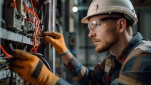 A man in a hard hat is working on an electrical panel.