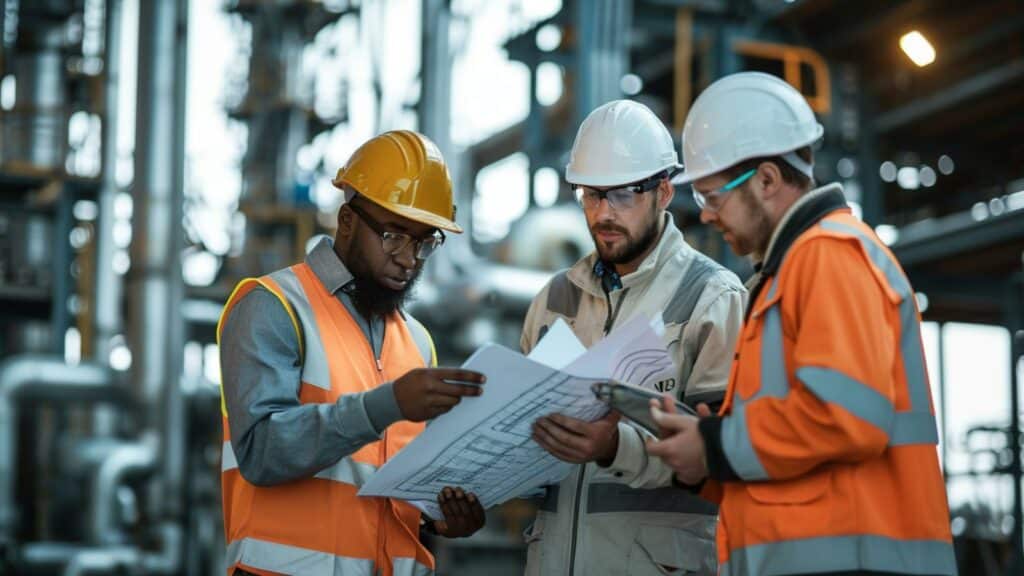 Three construction workers looking at a plan at an oil refinery.