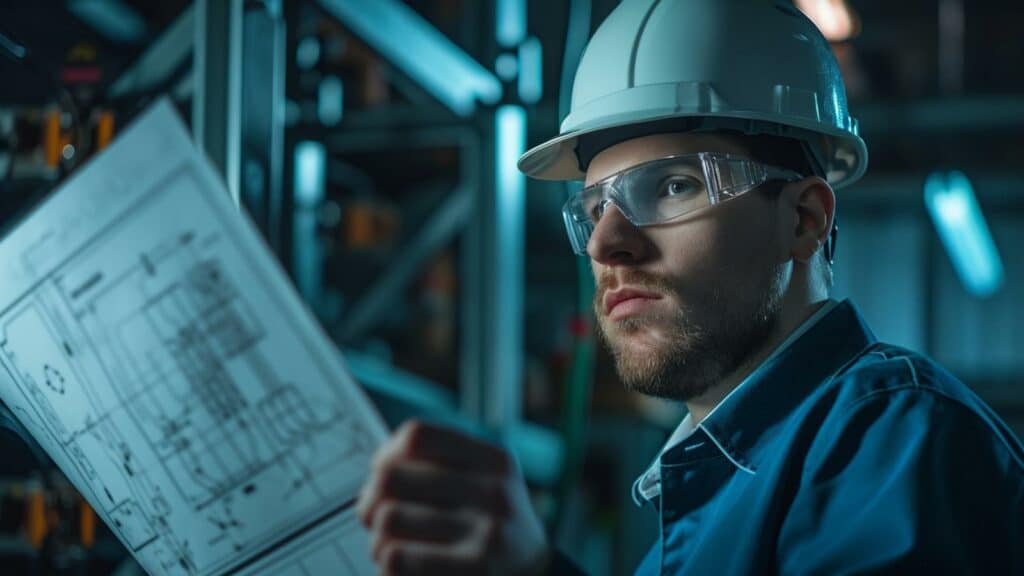 A man in a hard hat is looking at blueprints.