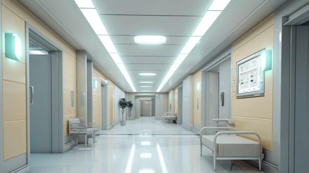 3d rendering of a hallway in a hospital.