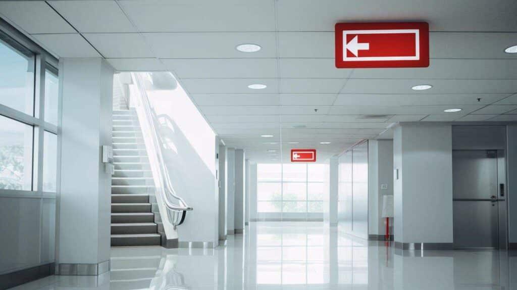 A white hallway with a red exit sign.