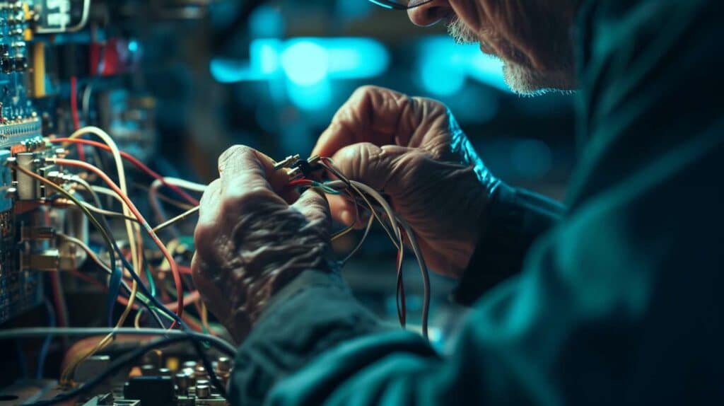 A man is working with wires on a computer.