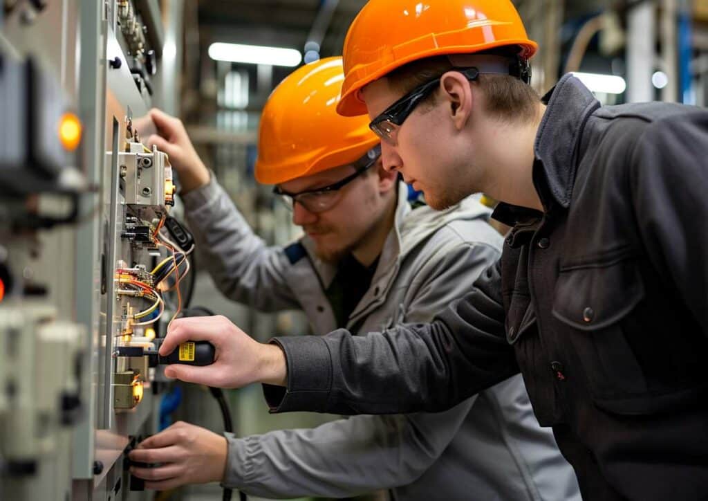 Two men working on an electrical panel in a factory.