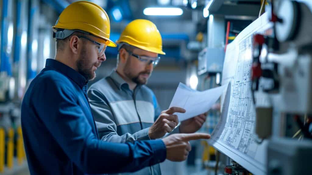 Two men in hard hats are looking at a piece of paper.