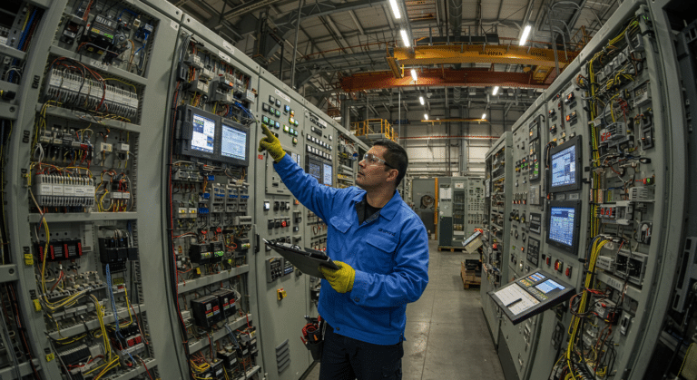 A person wearing a blue jacket and yellow gloves operates a control panel in an industrial facility. They hold a tablet and are surrounded by complex electronic equipment and wiring inside a spacious room with a high ceiling.