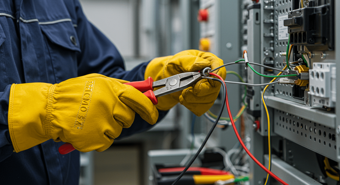 Electrician gloves, expertly maneuvering intricate wiring and tools, an advanced workshop with cutting-edge electrical equipment in the background, shot in the style of Annie Leibovitz, medium shot