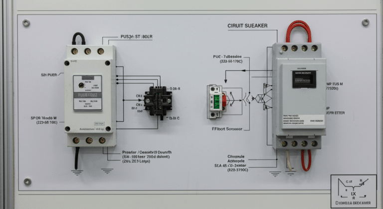 Fuse and circuit breaker, depicted on a detailed and informative diagram board, set in a modern educational or training room with sleek technology and clear graphical information explaining their roles, shot in the style of Andreas Gursky, wide-angle shot