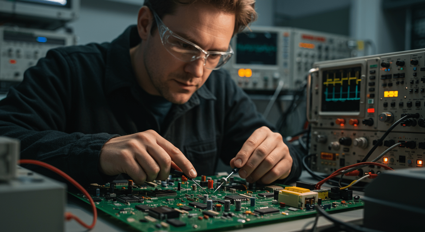 Electrical engineer working on a complex circuit board, focused and tinkering with components amidst a backdrop of electronic equipment and oscilloscopes, shot in the style of Wolfgang Sievers, close-up shot