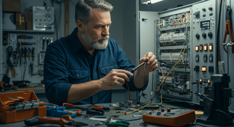 A man with a beard is working at a cluttered workbench inside a workshop. He is using tools to fix or assemble wires on an open control panel. Various equipment and tools are scattered around, including a multimeter and screwdrivers.