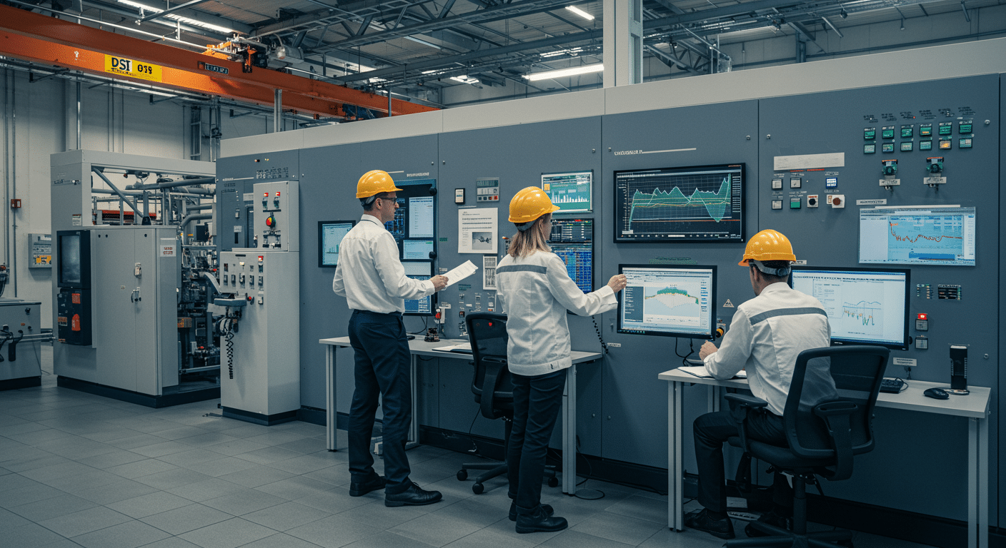 Industrial power monitoring system, operators analyzing real-time data on digital screens in a high-tech control room, showcasing the sophistication of power management solutions in a factory setting, shot in the style of Wolfgang Sievers, wide-angle shot