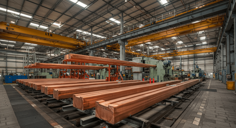 Interior of an industrial factory with large metal beams neatly arranged on tracks. Overhead cranes are visible above, and various machinery is present in the background. The facility is spacious with a high ceiling and well-lit environment.