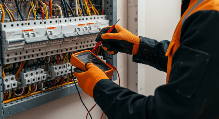 An electrician wearing orange gloves and a dark jacket uses a multimeter to test the electrical panel. Wires and circuit breakers are visible, with red and black probes connected to the multimeter.