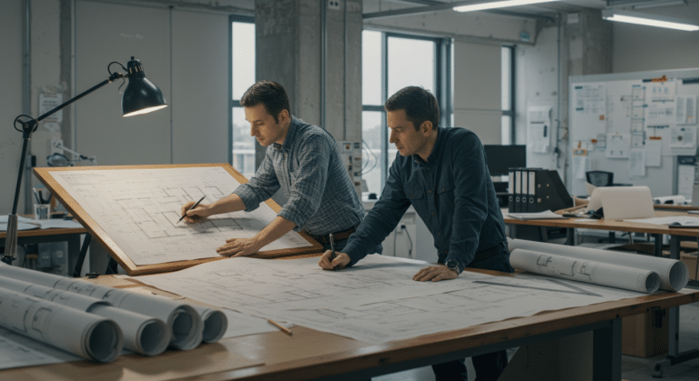 Blueprint spread across a large drafting table, engineers intensely examining load calculations and structural schematics, in a modern engineering firm office filled with technical equipment and plans, shot in the style of Julius Shulman, medium shot