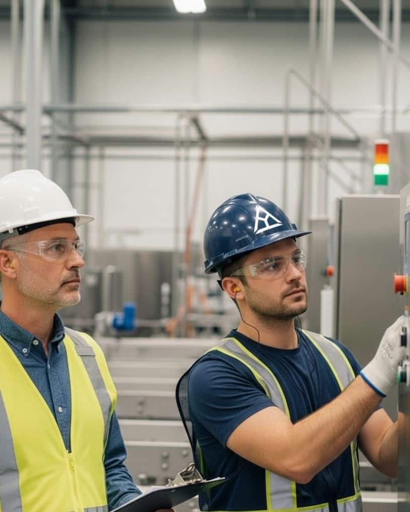Two men wearing safety vests, hard hats, and protective glasses stand in an industrial facility. One operates a control panel while the other observes with a clipboard, ensuring Arc Flash Studies & Compliance amid visible machinery and pipes.