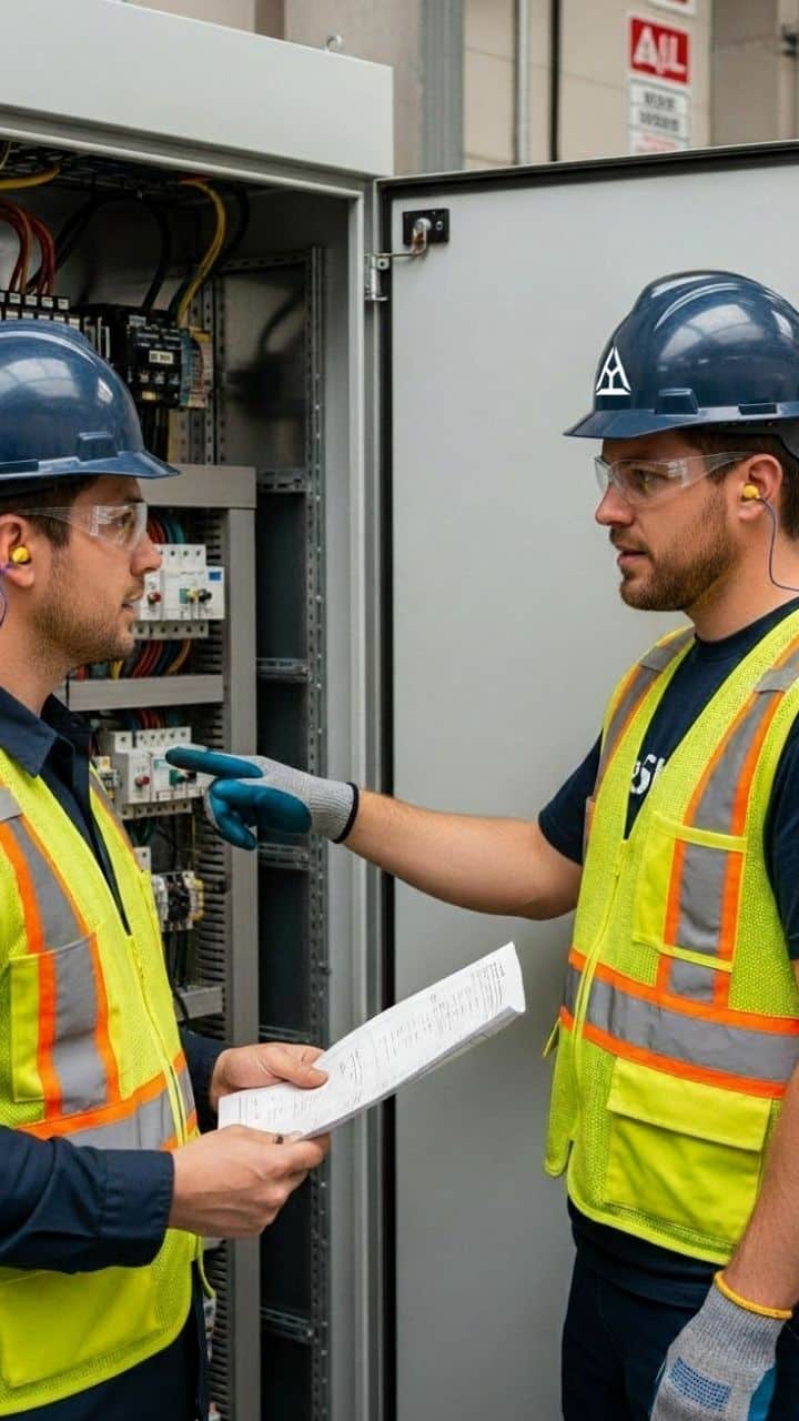 Two workers in safety helmets, glasses, and yellow vests stand by an open electrical control panel. One holds paperwork while the other gestures toward the panel, discussing Electrical Engineering & Design aspects of the equipment.