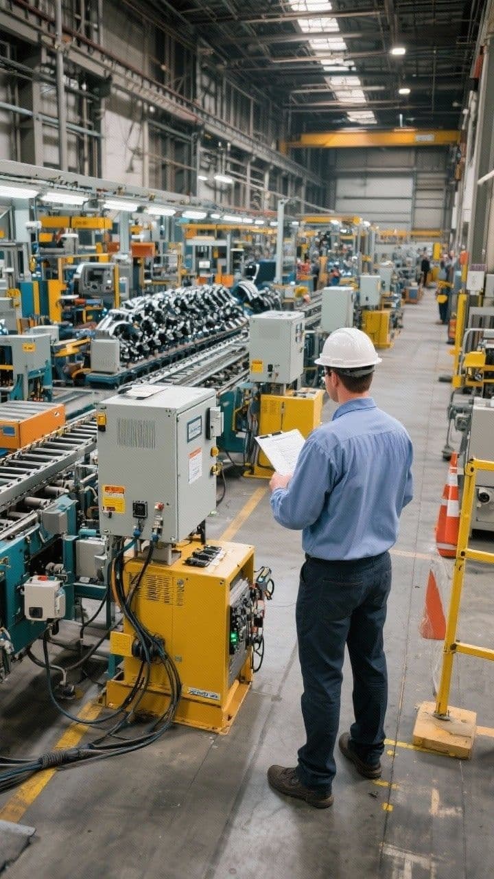 A person wearing a white hard hat, safety glasses, and blue shirt stands in a large factory, overseeing Equipment Installation & Relocation activities amid machinery, conveyor belts, and yellow safety barriers.