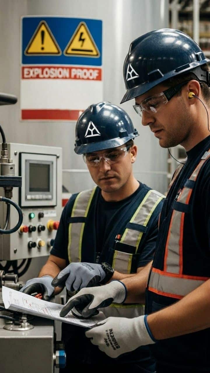 Two workers in hard hats, safety glasses, gloves, and reflective vests review documents in an Industrial Electrical Construction setting. Safety signs, including one labeled "Explosion Proof," are visible on equipment behind them.