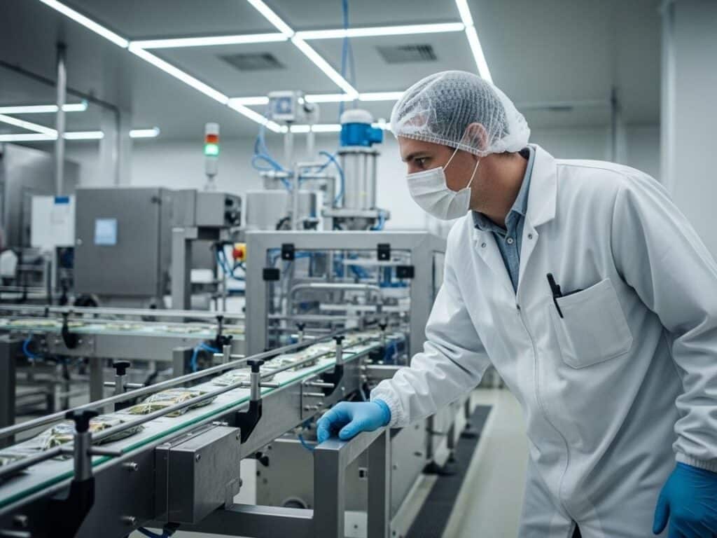 A person in a white lab coat, hairnet, mask, and gloves inspects automated machinery under bright industrial LED lighting in a clean manufacturing or laboratory facility. Conveyor belts and equipment are visible.