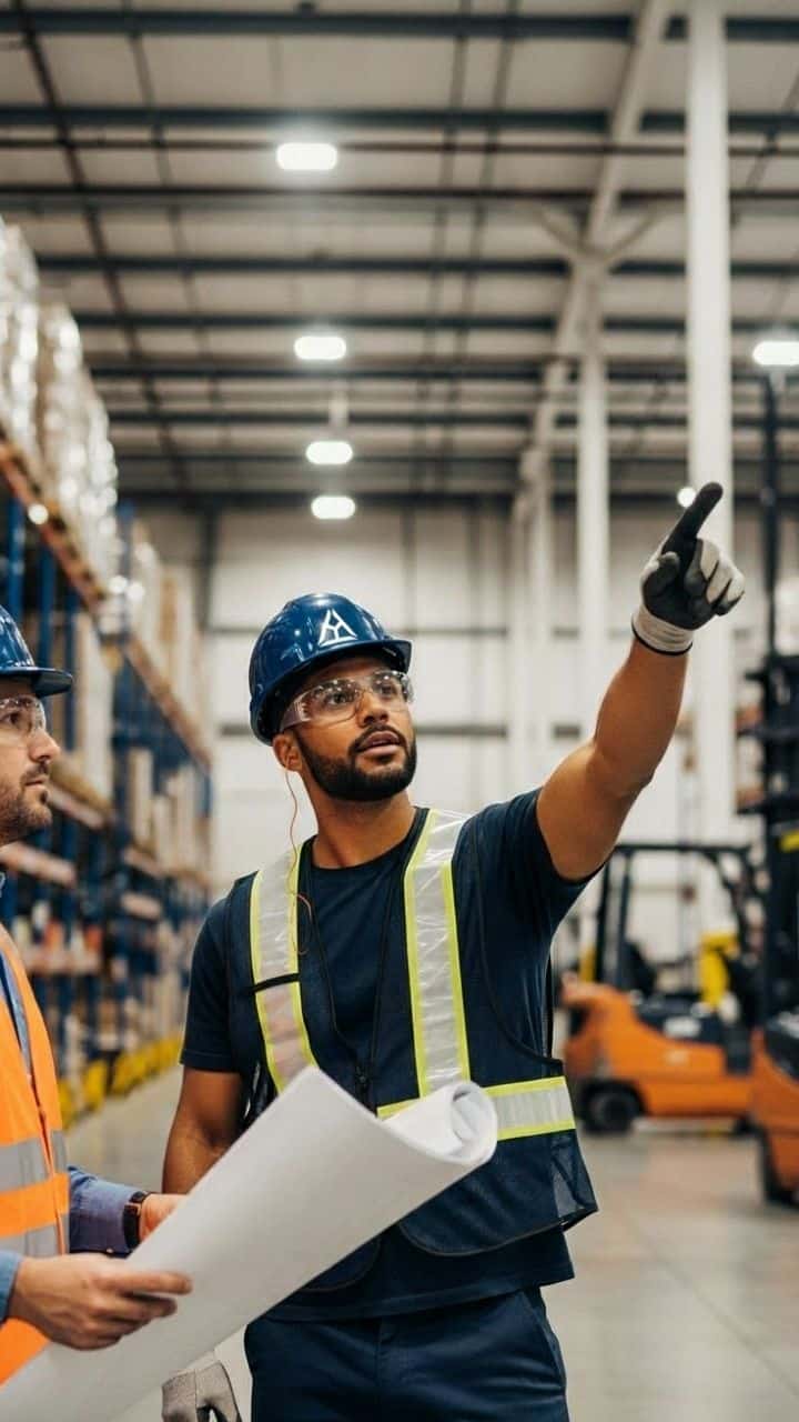 Two workers in safety vests and hard hats stand in a warehouse with Industrial LED Lighting overhead. One holds rolled-up plans and points while the other listens, surrounded by shelves of boxes and a visible forklift.
