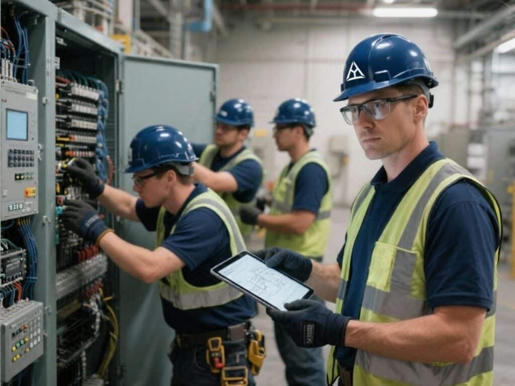 Four workers in safety gear inspect and operate electrical control panels in an industrial facility, focusing on PLC/HMI programming & integration. One holds a tablet, while the others use tools to work on wires and equipment in open cabinets.