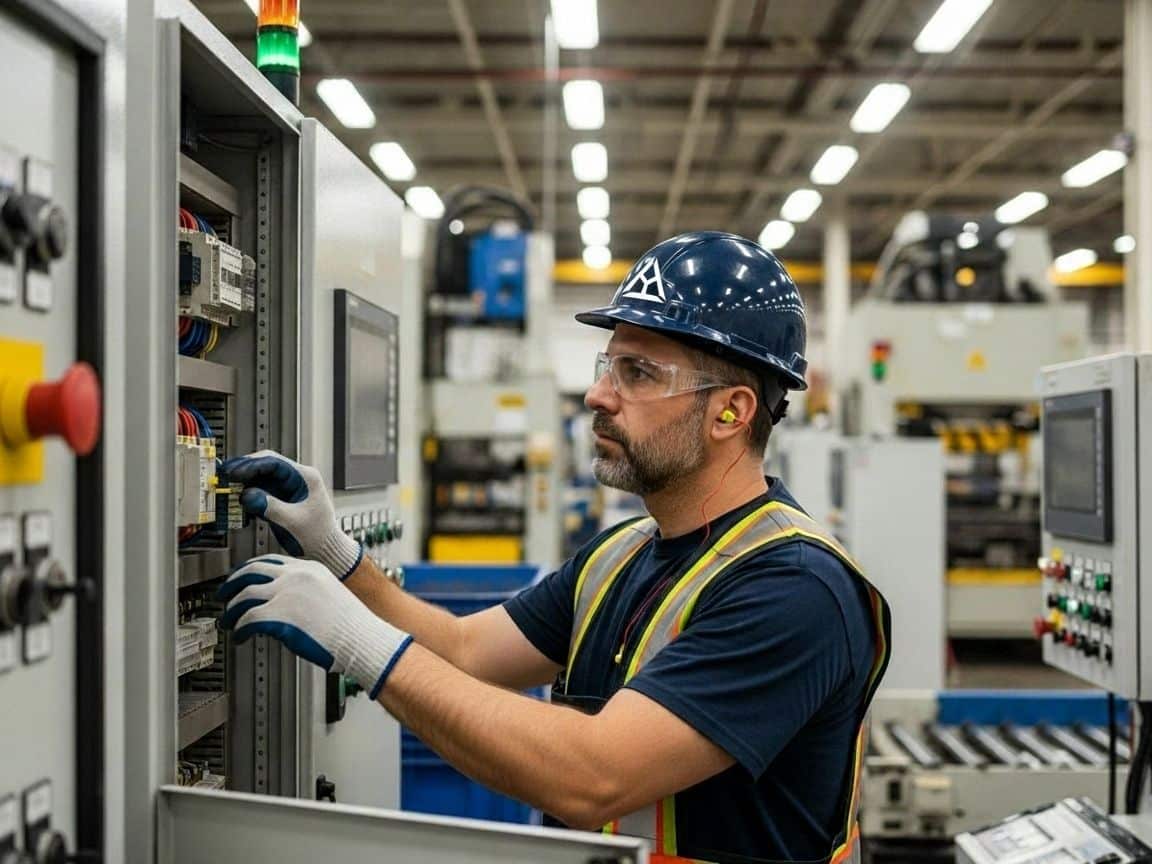 A factory worker wearing a hard hat, safety glasses, earplugs, gloves, and a reflective vest operates an industrial control panel for power distribution inside a manufacturing facility with various machinery in the background.