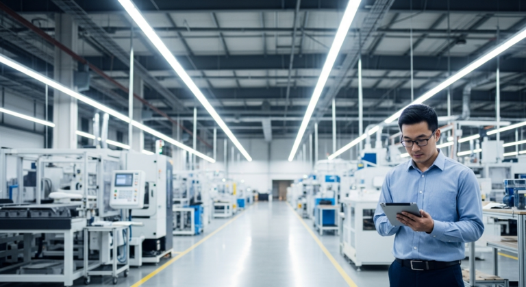 A man in a blue shirt stands in a brightly lit, modern factory or manufacturing facility, holding and looking at a tablet. Rows of machinery and equipment stretch across the clean, organized space.