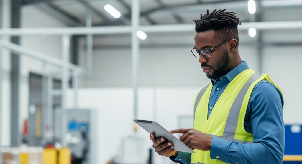 A man wearing a yellow safety vest and glasses stands in a warehouse, looking at and using a tablet. The background shows industrial shelves and equipment in a brightly lit space.