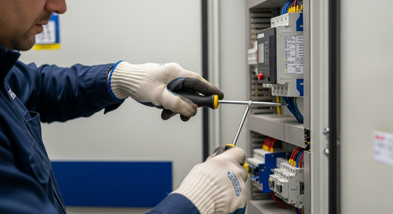 A person wearing gloves and a blue uniform uses screwdrivers to adjust wiring and components inside an electrical control panel. Various wires and circuit devices are visible inside the panel.