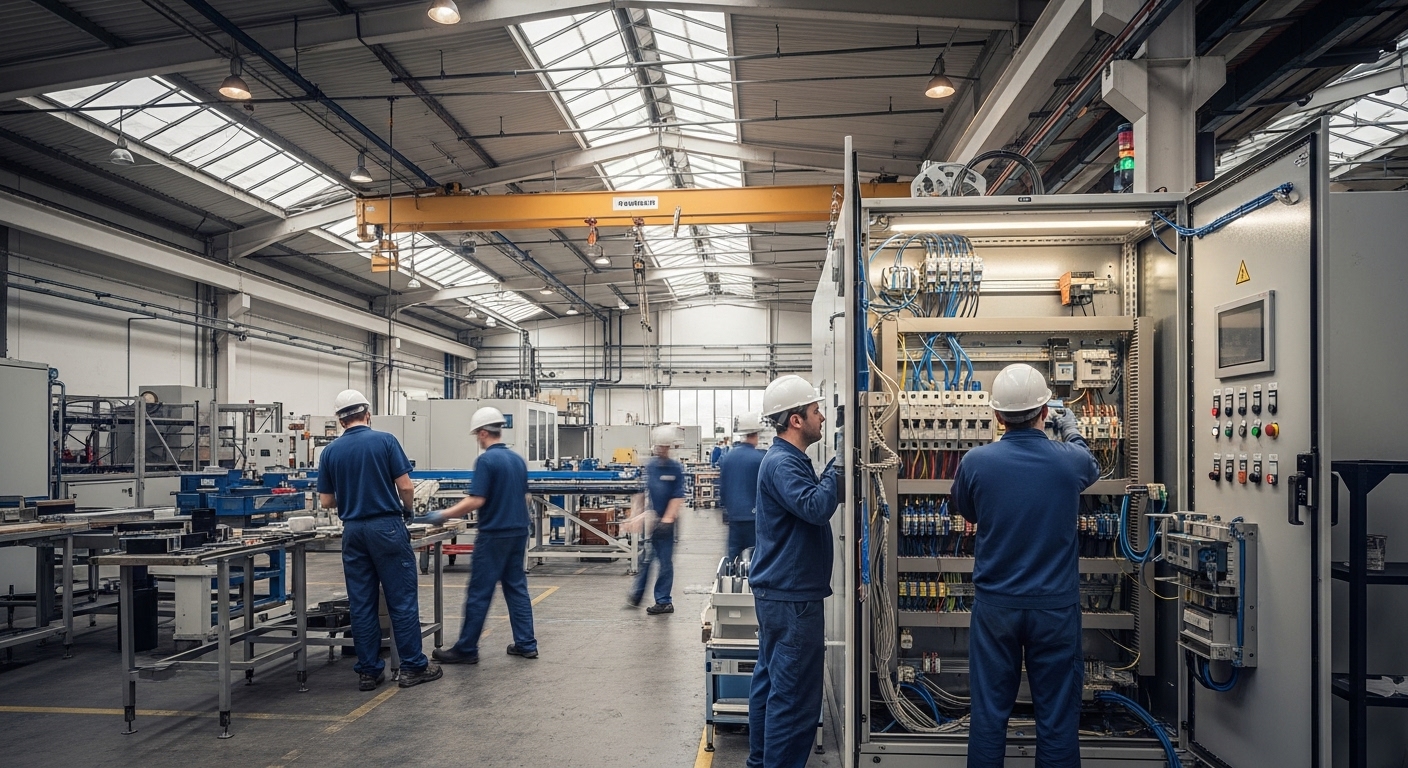 Workers in blue uniforms and hard hats perform tasks with machinery and electrical panels inside a spacious, well-lit industrial factory with high ceilings and large windows.