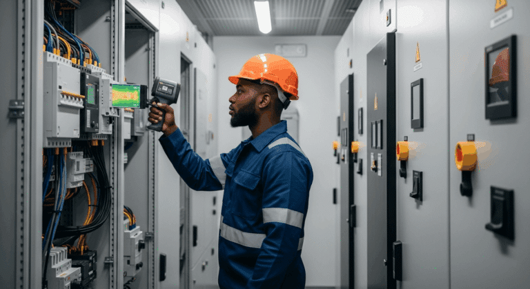 A worker in a blue uniform and orange hard hat uses a handheld thermal imaging device to inspect electrical panels in a control room lined with equipment and switches.