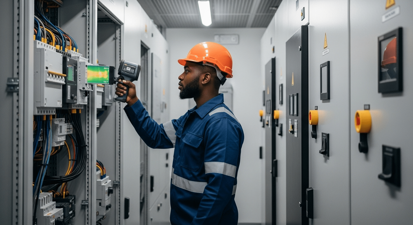 A worker in a blue uniform and orange hard hat uses a handheld thermal imaging device to inspect electrical panels in a control room lined with equipment and switches.