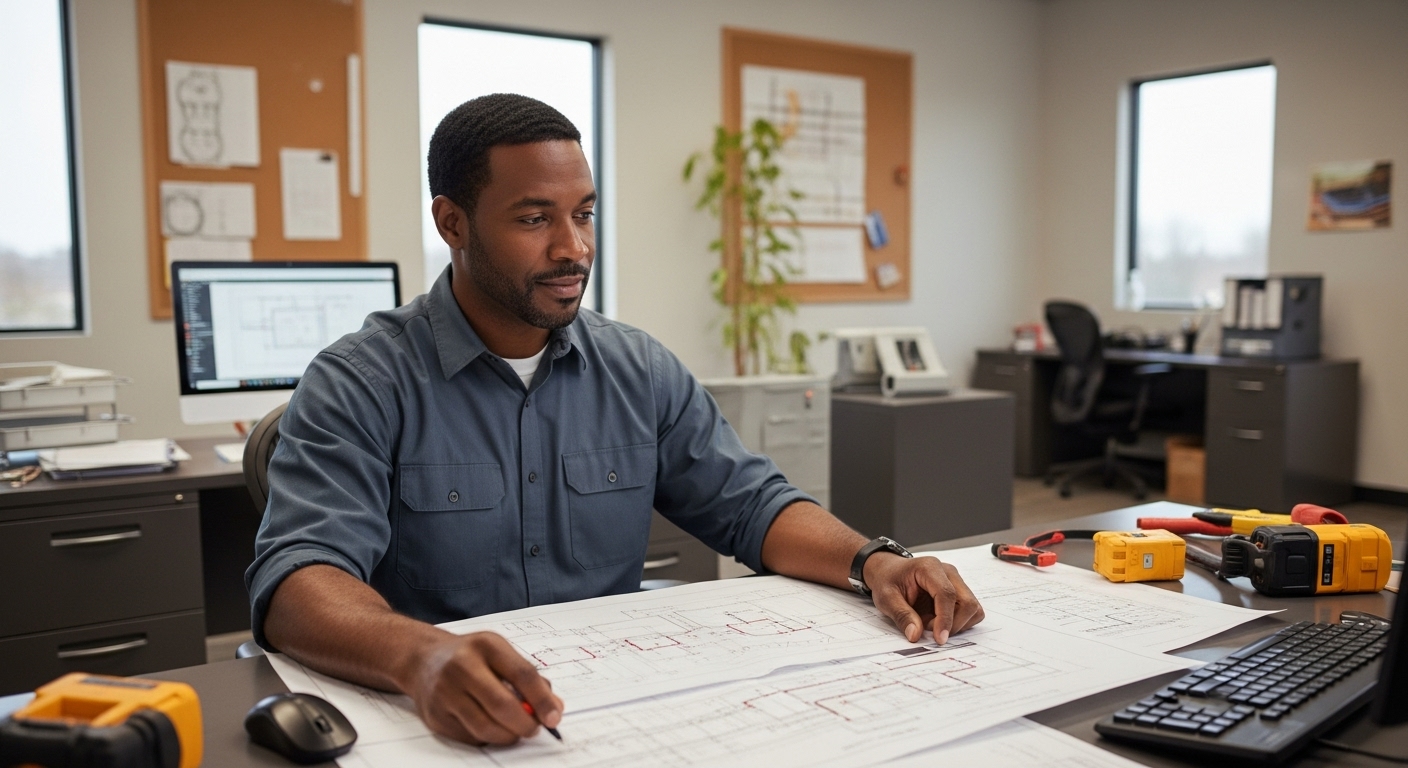 A man sits at a desk in an office, looking at architectural blueprints. Tools and office equipment are on the desk, with computer monitors and plans visible in the background.