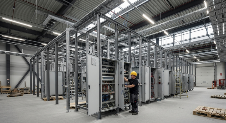 A worker wearing a yellow hard hat inspects electrical control panels inside a spacious industrial facility with exposed steel framework and cable trays overhead.
