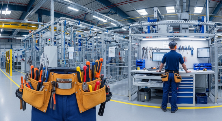 A worker in a blue uniform stands at a workstation in a modern factory, with tools hanging on the wall. In the foreground, a tool belt filled with various hand tools is clearly visible.