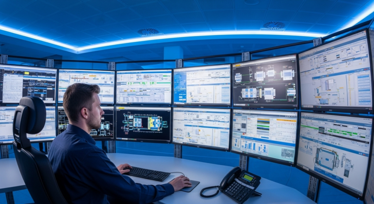 A person sits at a desk in front of multiple large computer monitors displaying technical data, graphs, and diagrams in a modern control room with blue ambient lighting.