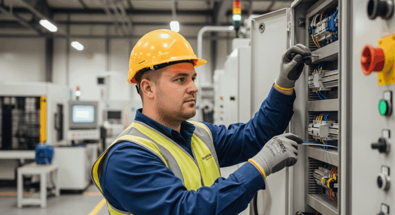 A man wearing a yellow hard hat, safety vest, and gloves works on wiring inside an electrical control panel in an industrial facility. Equipment and control panels are visible in the background.