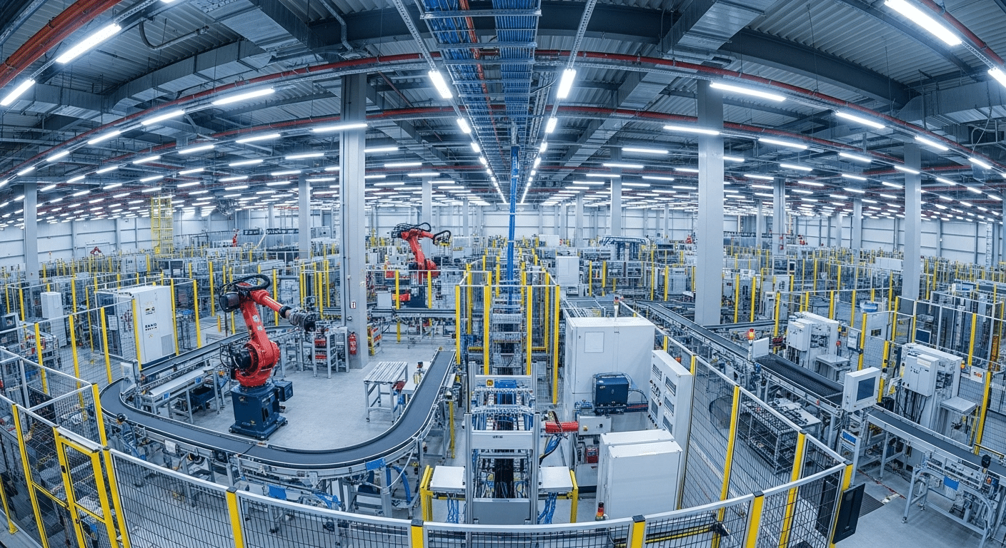 Wide view of a modern automated factory with robotic arms, conveyor belts, machinery, and various equipment enclosed by safety barriers under bright overhead lighting.