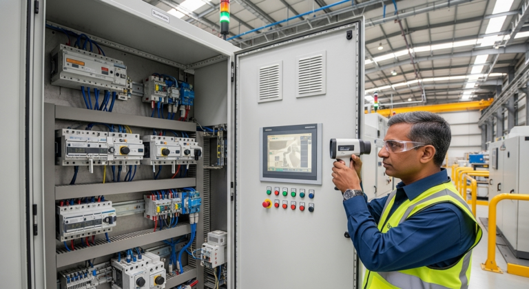 A man wearing safety gear uses a handheld infrared thermometer to inspect the electrical components inside an open control panel in an industrial facility.