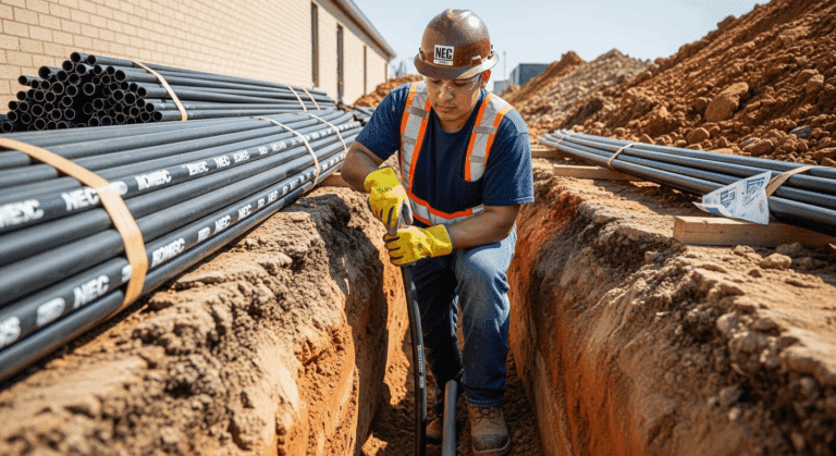 A construction worker wearing a hard hat, gloves, and safety vest installs black pipes in a deep trench beside a building at a worksite with piles of dirt and additional pipes nearby.