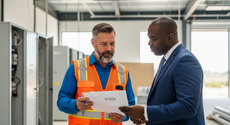 A man in an orange safety vest and hard hat discusses paperwork with another man in a blue suit inside an industrial facility with electrical panels in the background.