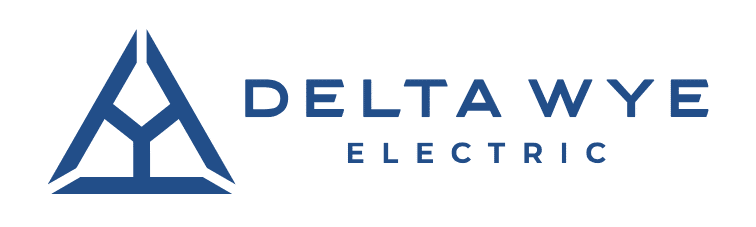 Logo for Delta Wye Electric featuring a blue triangular symbol with geometric lines on the left, and the company name in blue uppercase text to the right.