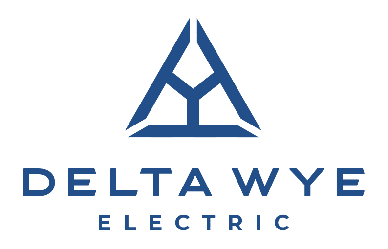 Logo for Delta Wye Electric featuring a blue triangular symbol with geometric lines on the top, and the company name in blue uppercase text at the bottom.