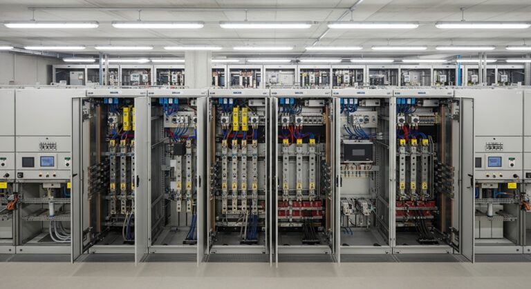 Rows of industrial electrical control panels with open doors reveal wiring, circuit breakers, and electronic components inside a well-lit, modern server or equipment room.