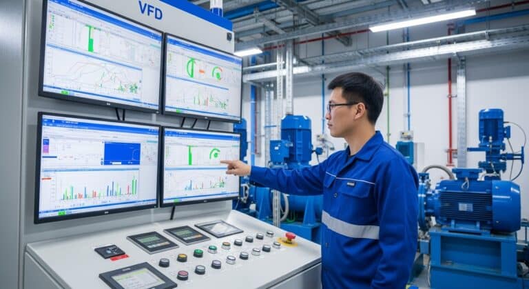 A person in blue workwear operates a control panel with four display screens showing graphs and data in an industrial facility with machinery and equipment in the background.