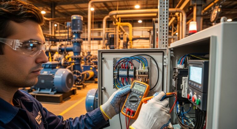 A person wearing safety glasses and gloves uses a digital multimeter to check electrical connections in an industrial control panel. Large machinery and equipment are visible in the background of the facility.