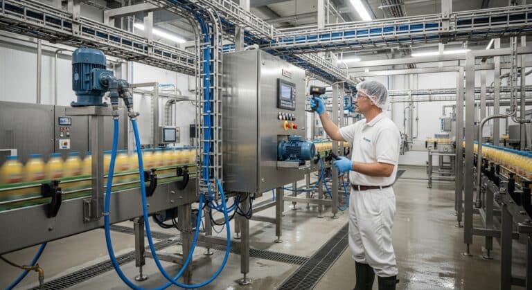 A worker in protective clothing operates a control panel installed by a food and beverage manufacturing electrical contractor, as blurred bottles move along the production line in a clean, modern automated bottling plant.
