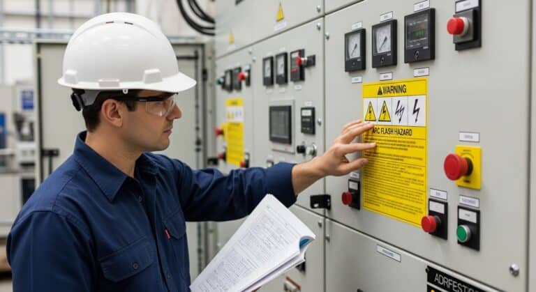 A person wearing safety gear examines control panels with warning signs, gauges, and buttons in an industrial setting while holding an open manual.