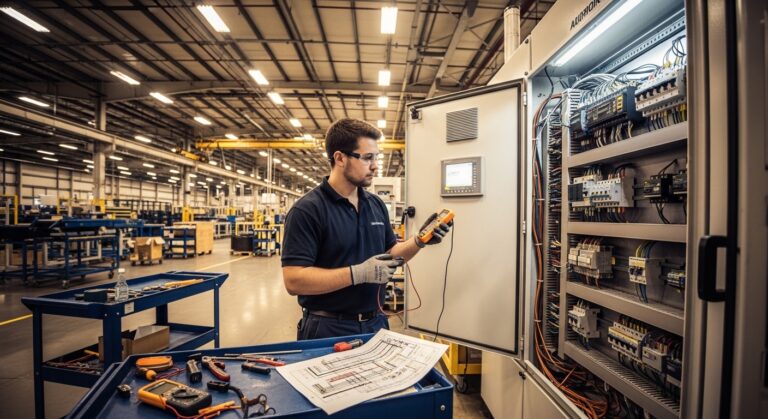 A technician in safety gloves uses a multimeter to test wiring inside an open control panel during an industrial electrical panel upgrade. Tools and electrical diagrams are spread on a nearby workstation.