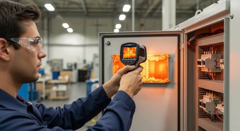 A person wearing safety glasses uses a handheld thermal imaging camera to inspect the inside of an open electrical control panel in an industrial setting.